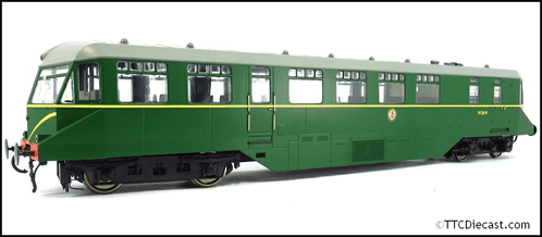 Heljan 1905 GWR AEC railcar in BR green with speed whiskers with grey roofs, O Gauge
